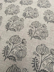 Big Flower Block Print Handloom Linen Fabric ,upholstery Fabric, pillow Cover Fabric, Thick fabric natural linen, Dark Grey - Rohiyaan